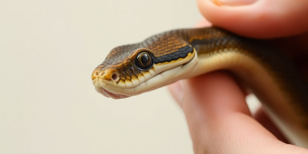 Close-up of a person handling a calm snake.