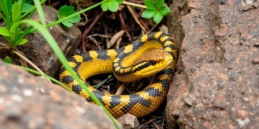 A snake in its natural habitat among lush greenery.