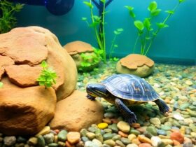 A turtle swimming in a bright, natural aquarium.