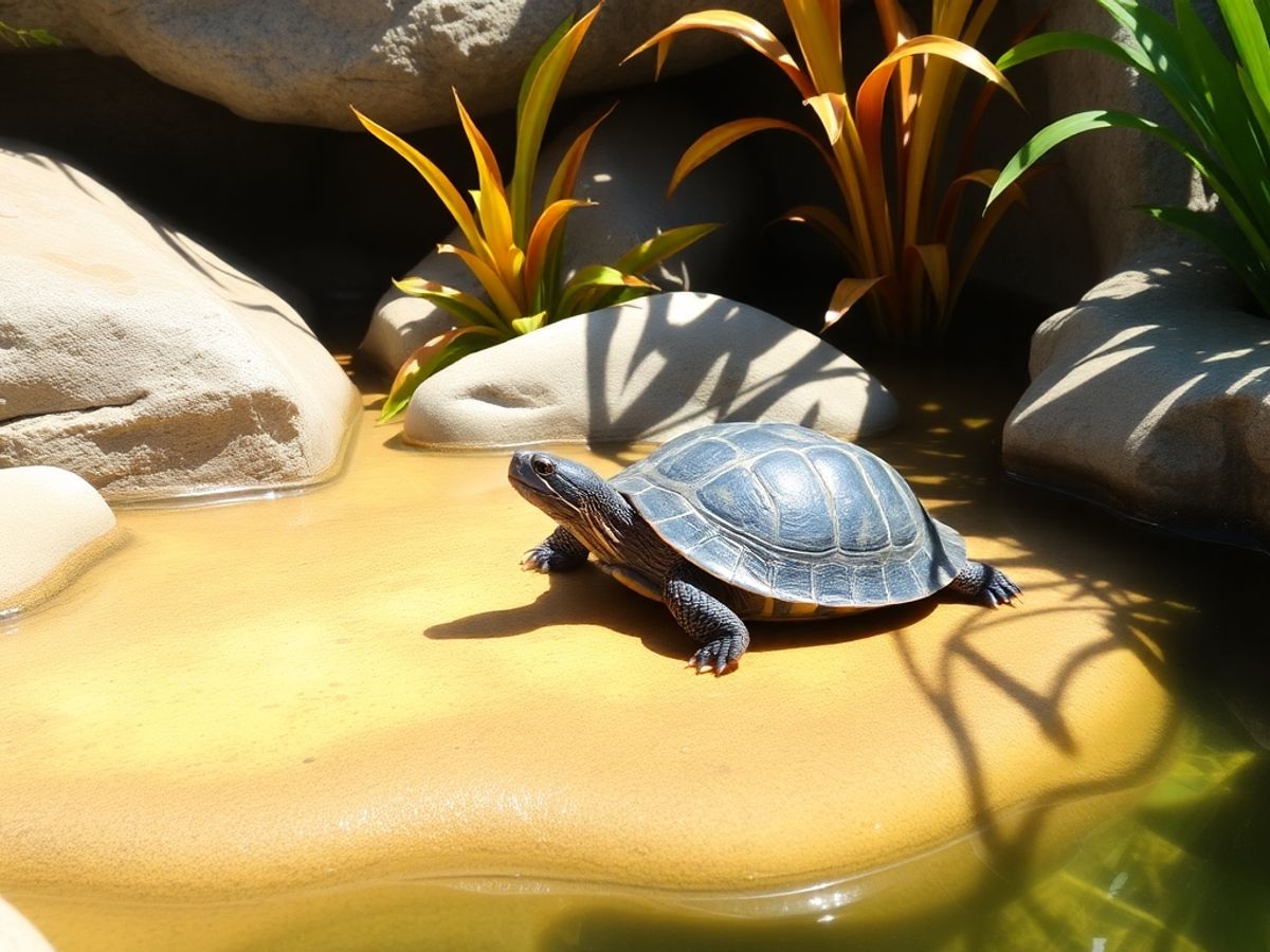 Turtle basking area with rocks and water plants.