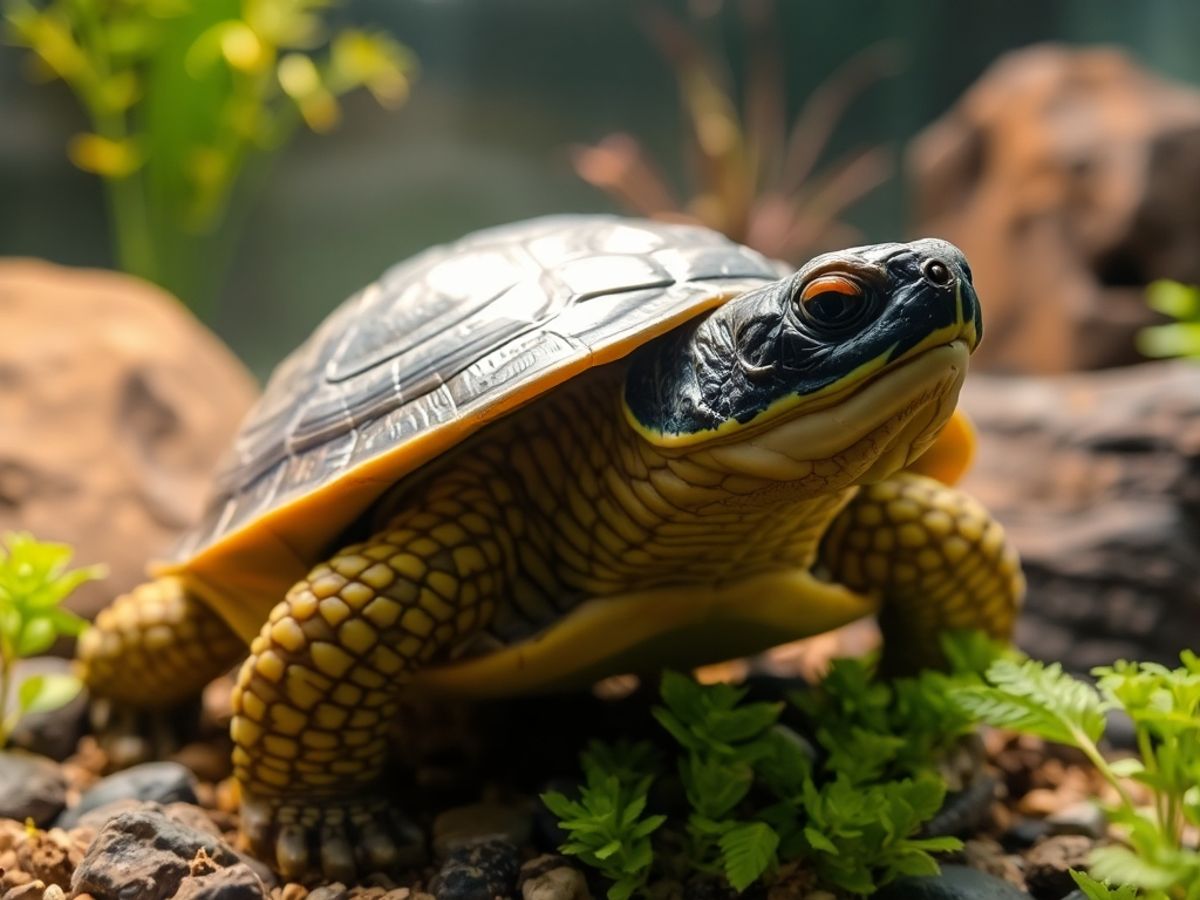 Turtle basking under warm light in its habitat.