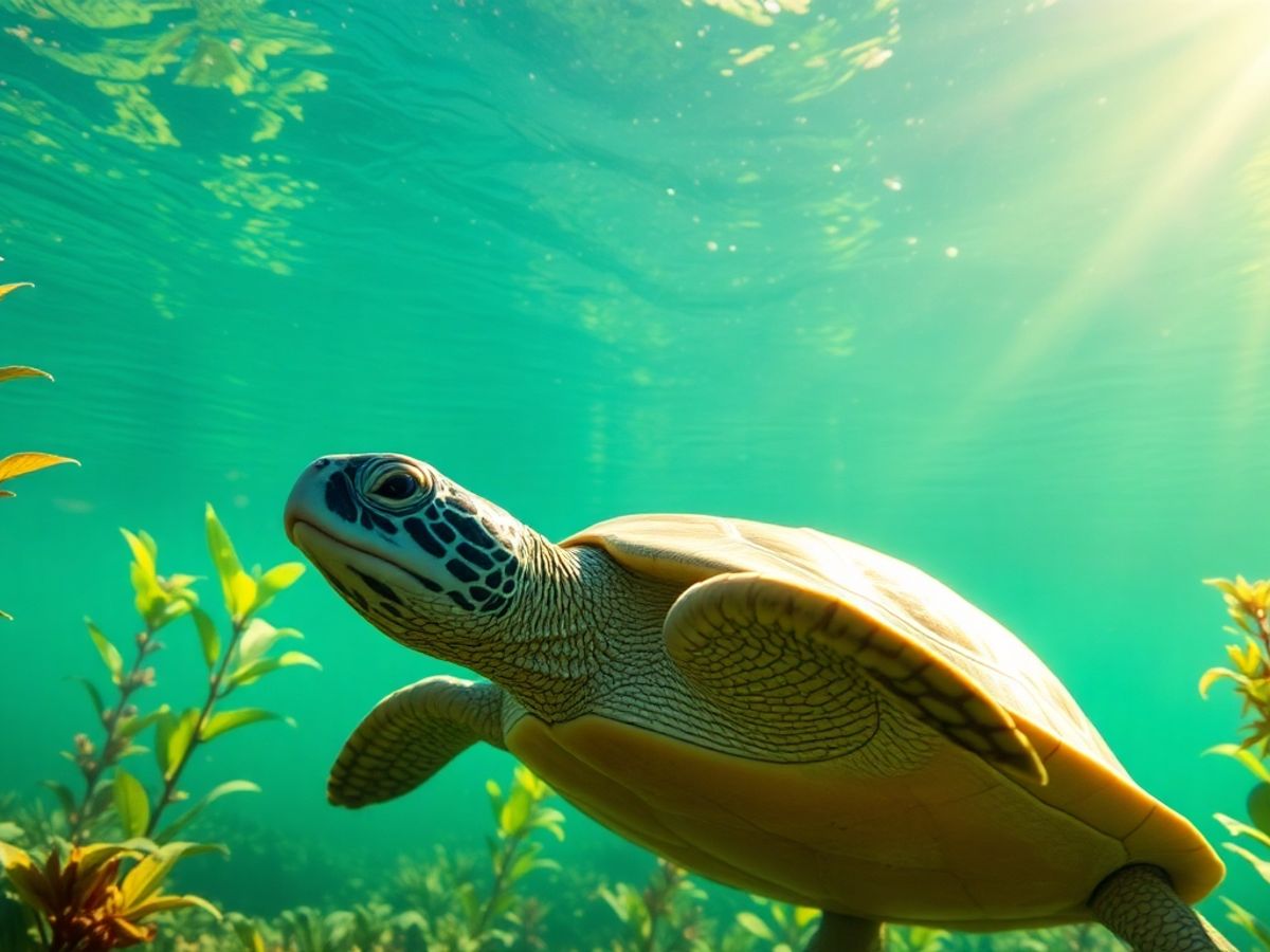 A turtle basking in warm, natural light underwater.