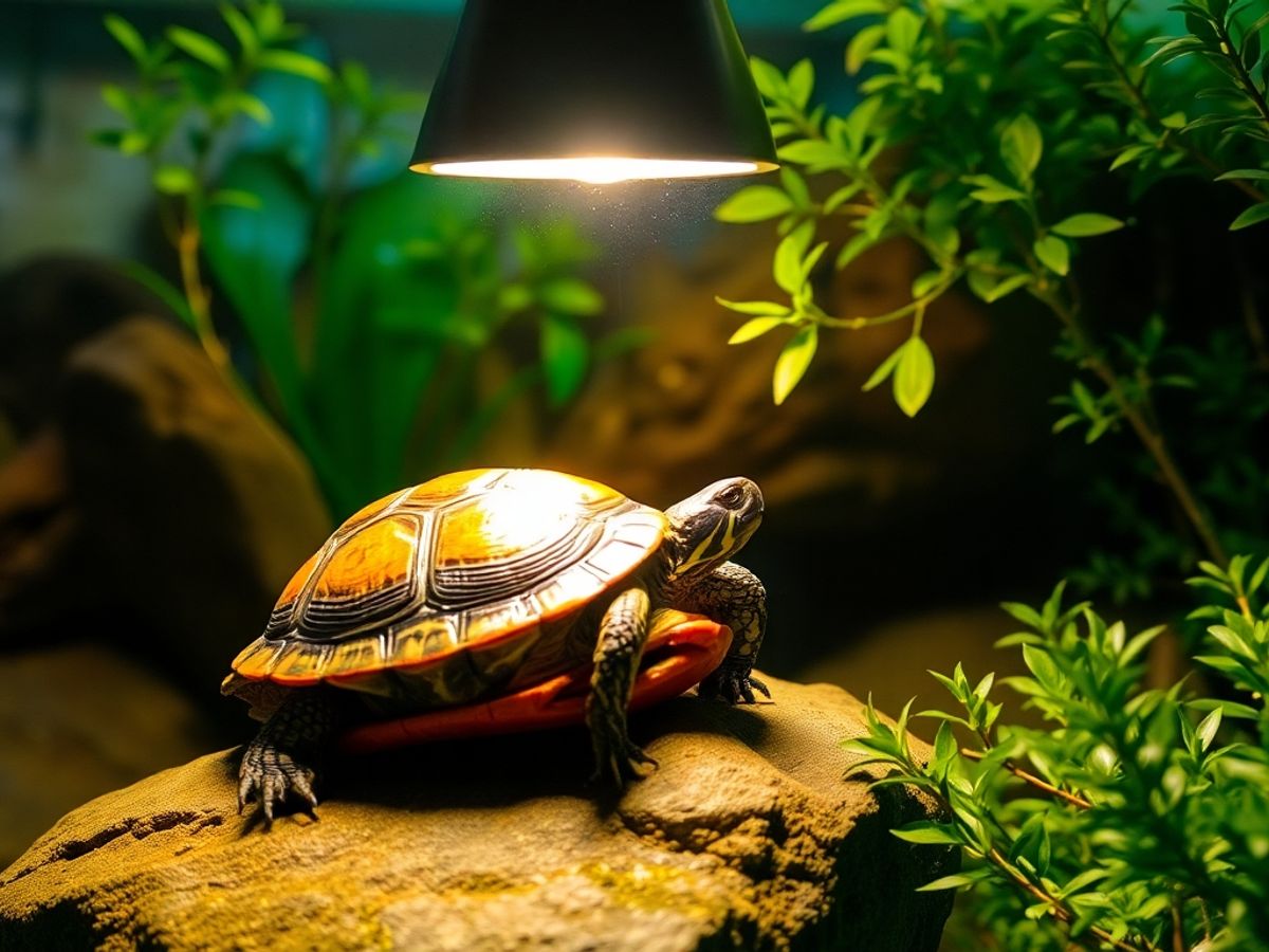 Turtle basking under a bright basking light.